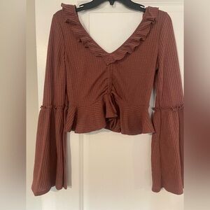 Peach Love California Purple Ribbed Bell Sleeve Crop Blouse